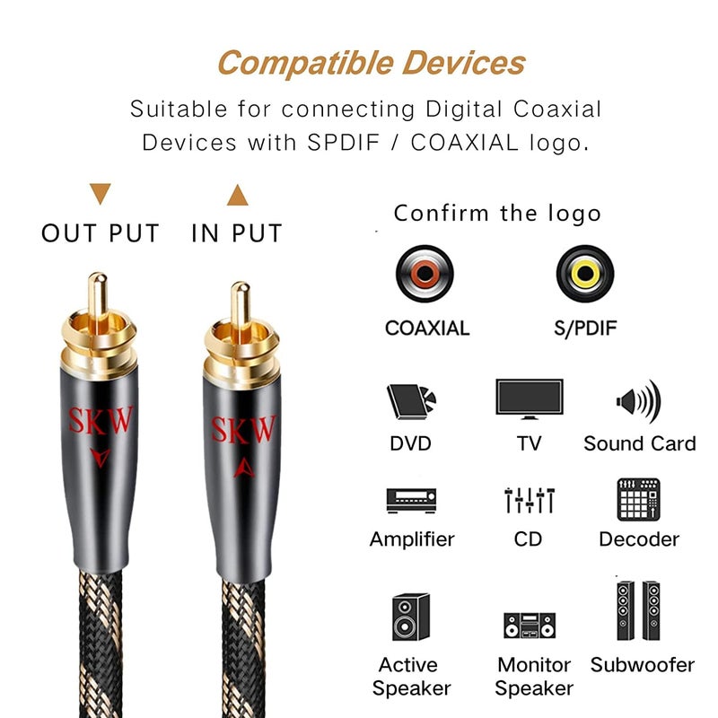 SKW Digital Coaxial Cable RCA to RCA Multiple Shield with Ultra-high Purity Copper Subwoofer Cable for HiFi Systems 16.4ft/5M - Image 3